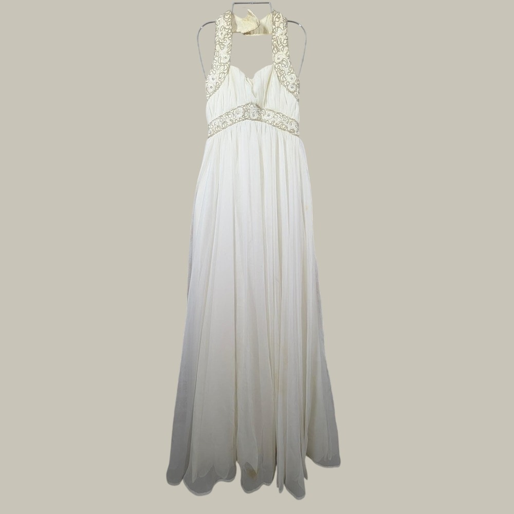 Mike Benet Gown Women 7 Cream Vintage 60s 70s Beaded Chiffon Party Wedding Dress